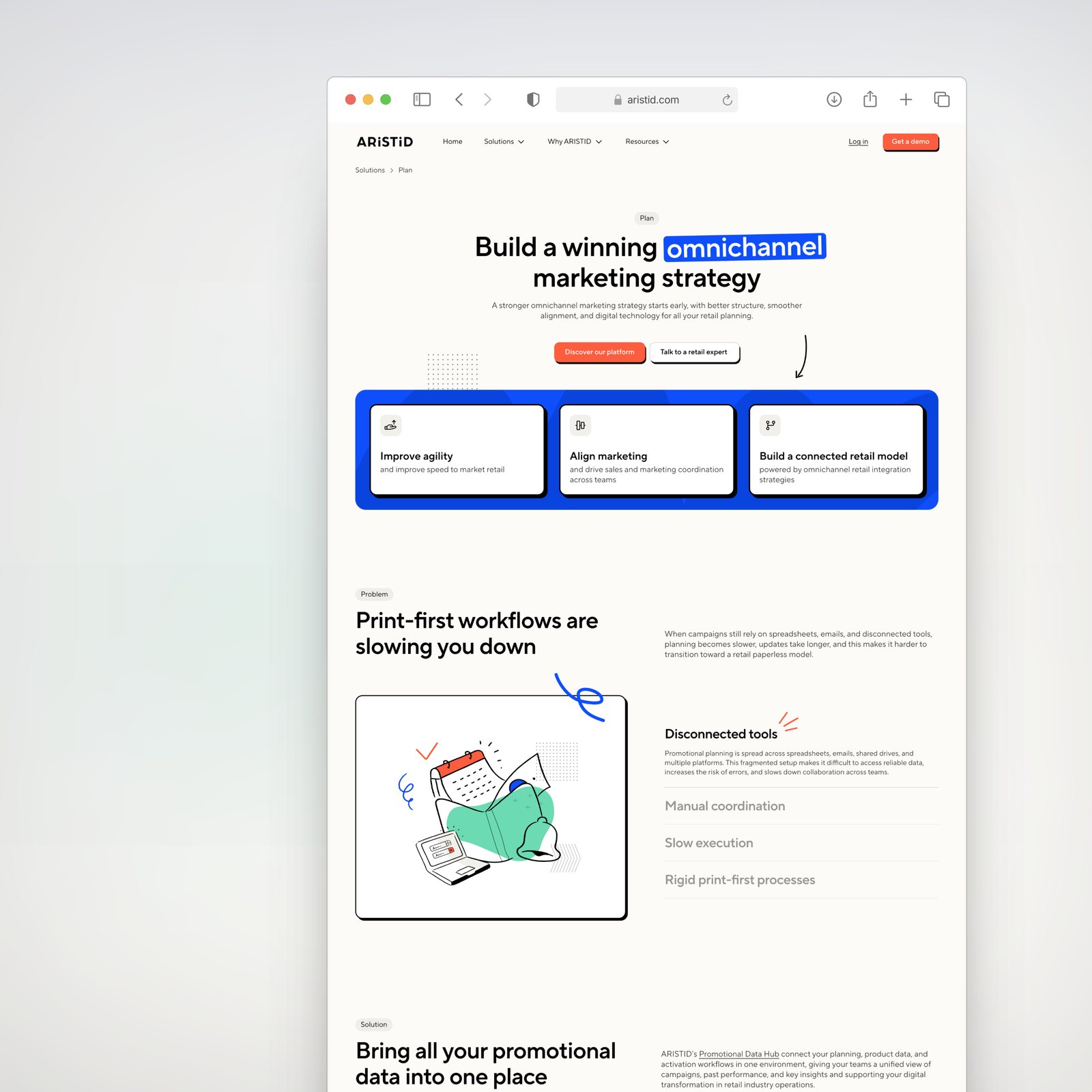 Une page du site Aristid sur ordinateur : « Build a winning omnichannel marketing strategy », trois cartes et une illustration