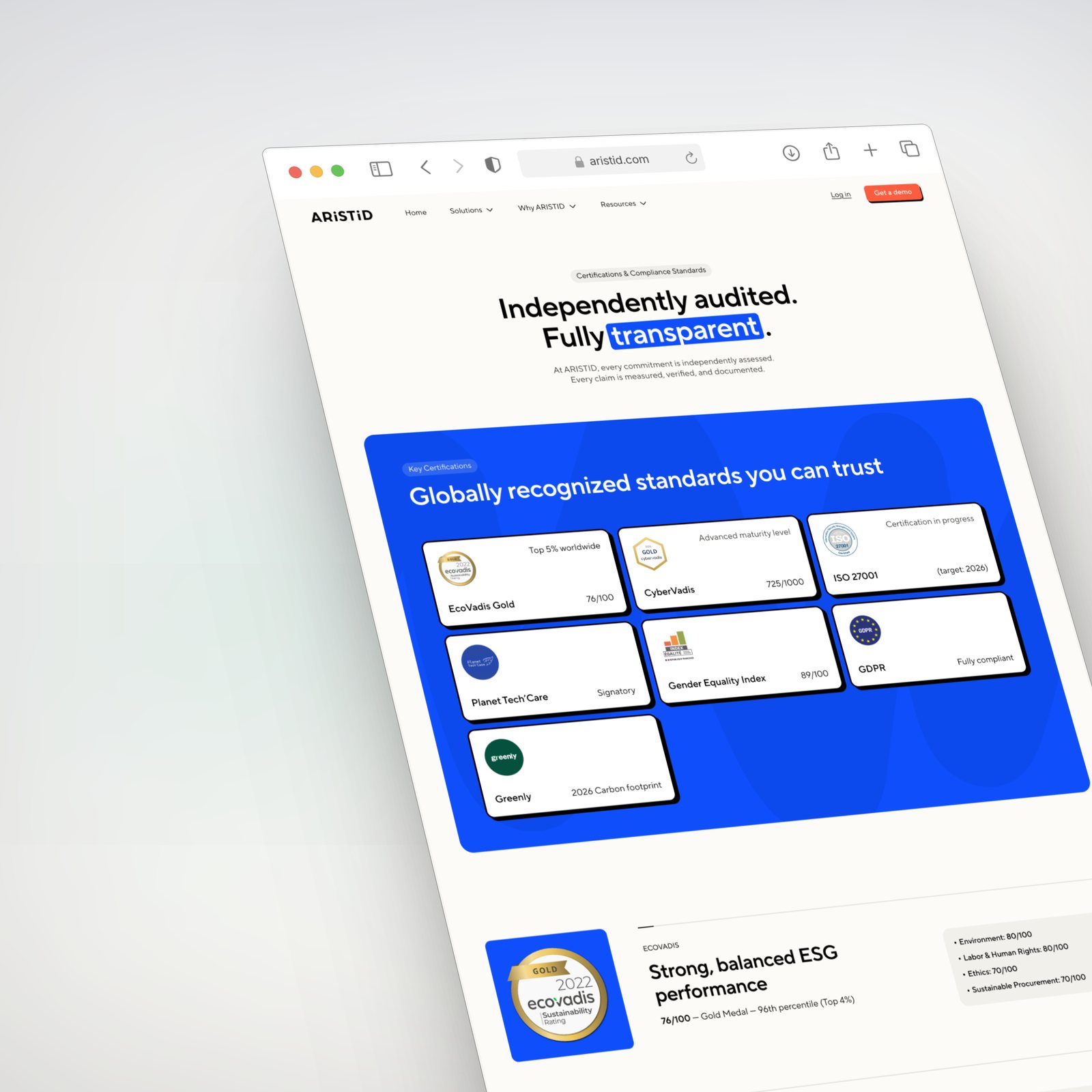 La page sécurité et conformité sur ordinateur : « Independently audited. Fully transparent. », les standards reconnus