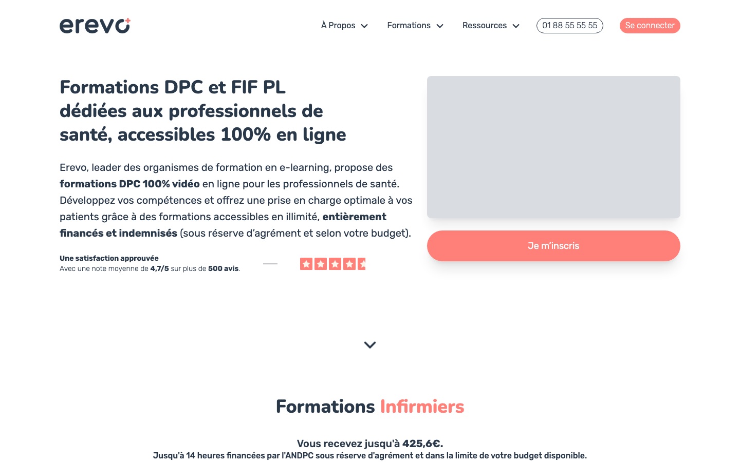 L’ancien site Erevo : « Formations DPC et FIF PL dédiées aux professionnels de santé, accessibles 100 % en ligne », un bouton Je m’inscris et les formations par profession
