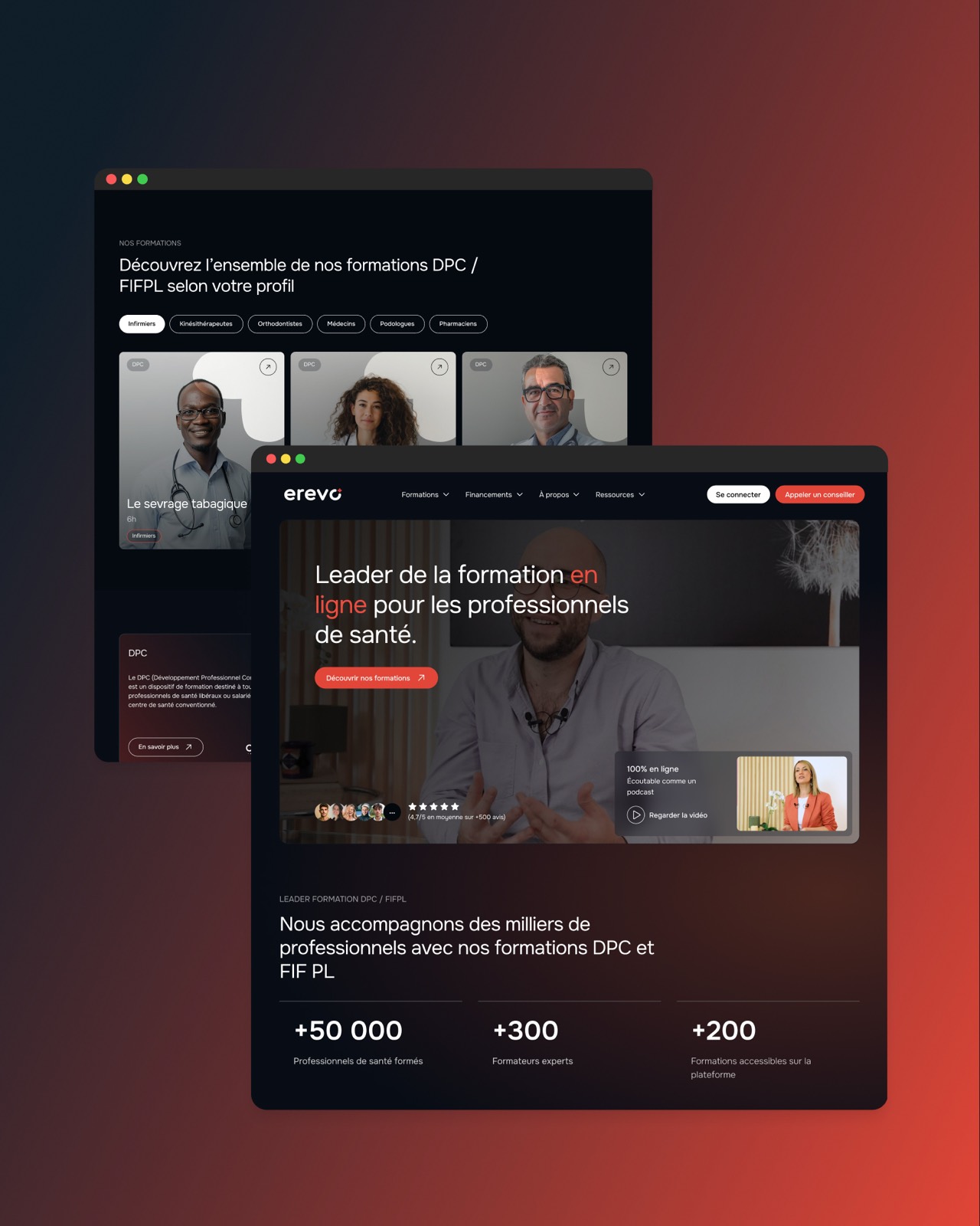 La page d’accueil Erevo sur ordinateur, sur un dégradé du noir au rouge : « Leader de la formation en ligne pour les professionnels de santé »