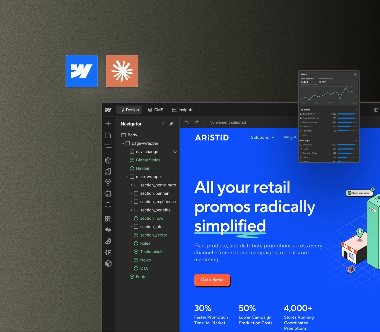 Éditeur Webflow ouvert sur la page Aristid