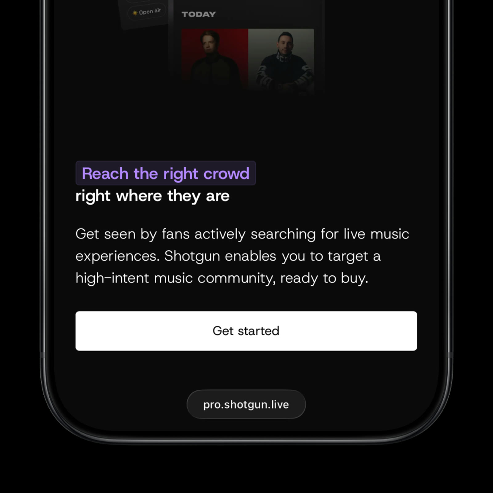Le site sur mobile : « Reach the right crowd right where they are », un bouton Get started