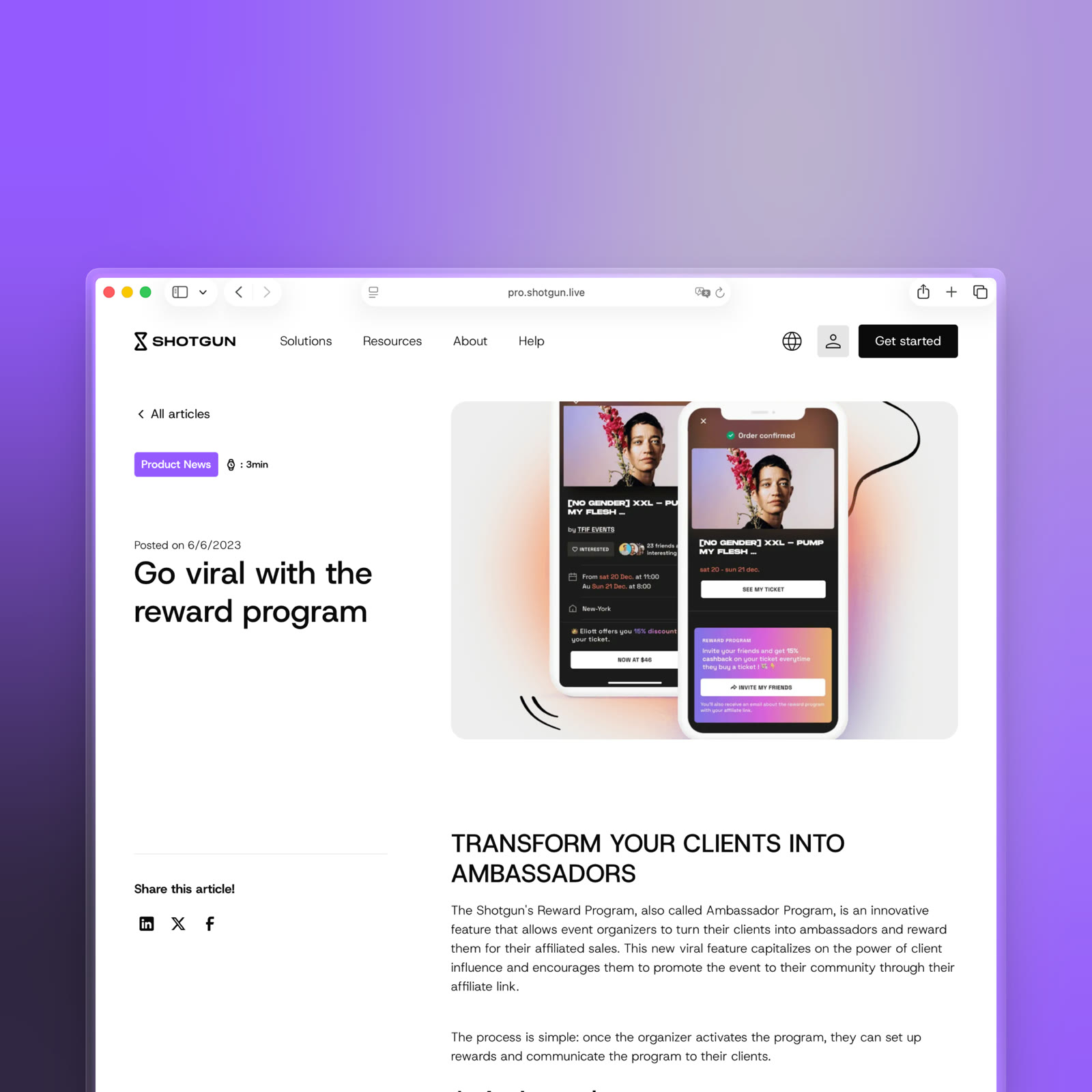 Un article du blog Shotgun Pro sur fond violet : « Go viral with the reward program », deux téléphones
