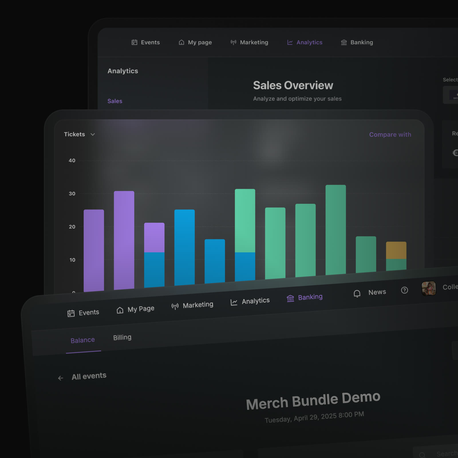 Trois écrans de la plateforme superposés : Sales Overview, un histogramme des ventes, la page d’un événement et le solde disponible