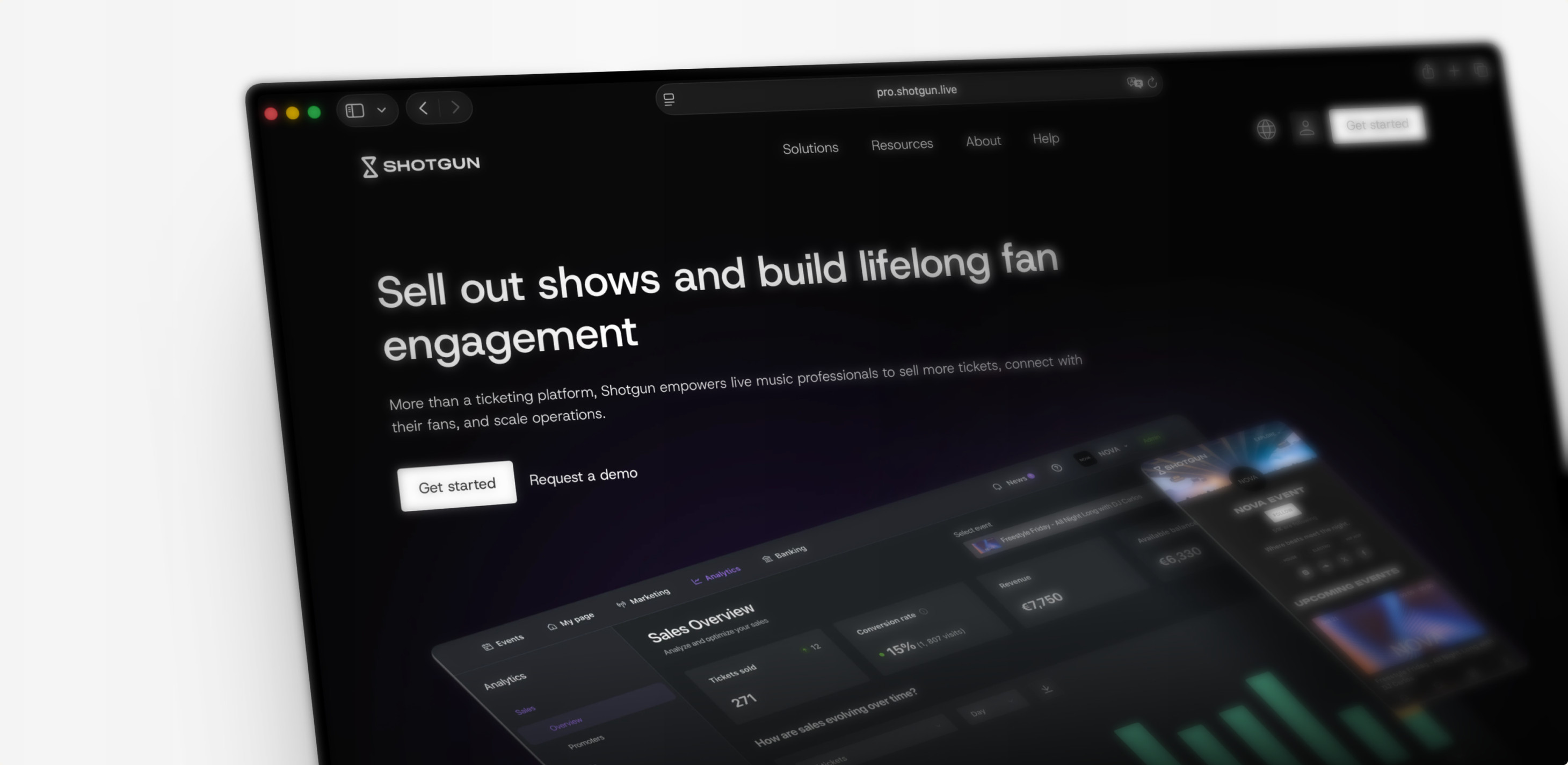Le site Shotgun Pro dans un navigateur, en perspective : « Sell out shows and build lifelong fan engagement », et le tableau de bord des ventes de la plateforme
